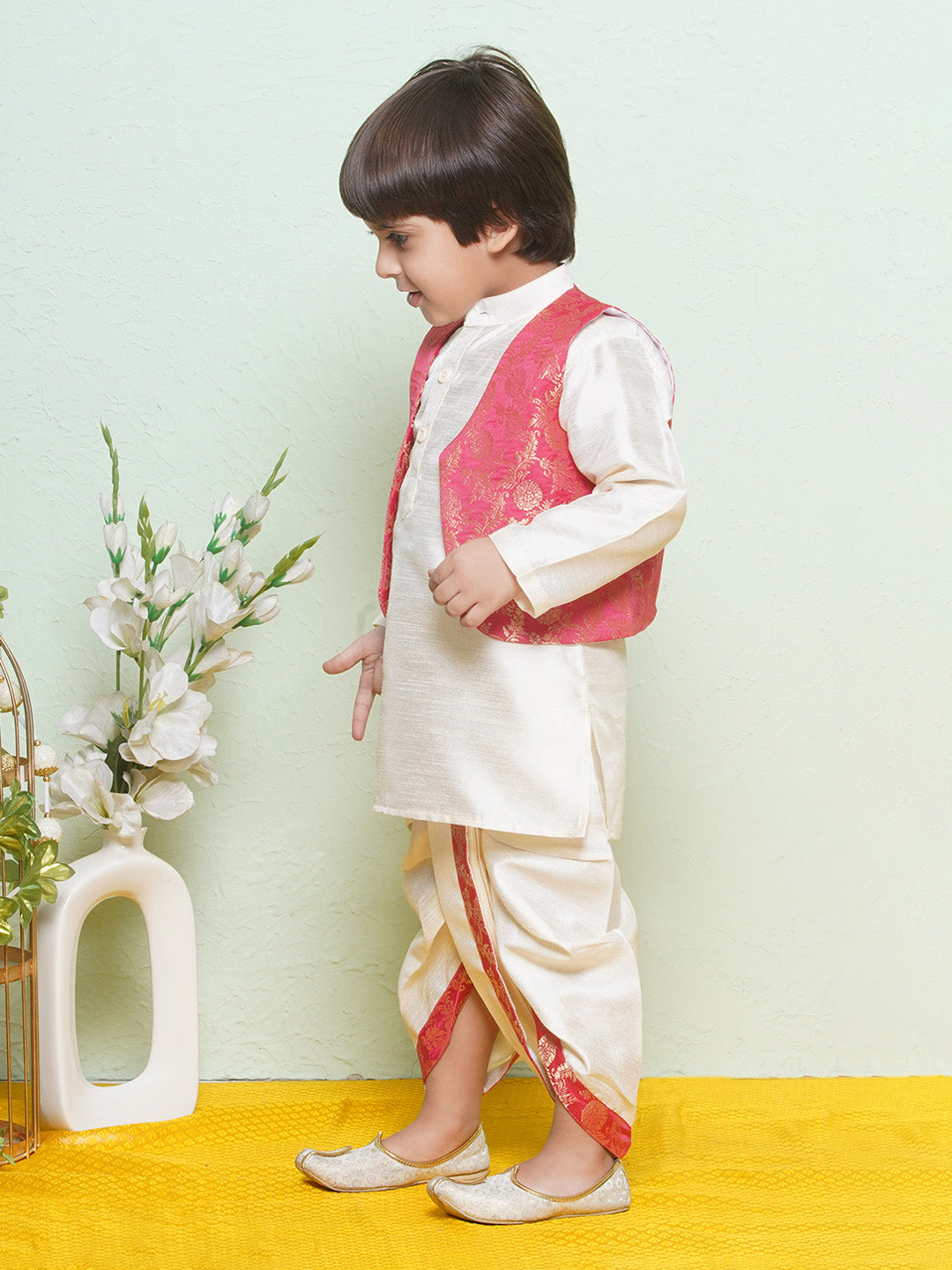 Kids Boys Pink Floral Print Cotton Blend Dhoti Set - AJ Dezines