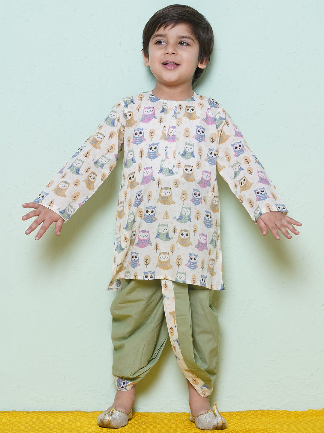 Kids Boys Pista Owl Print Cotton Dhoti Set - AJ Dezines