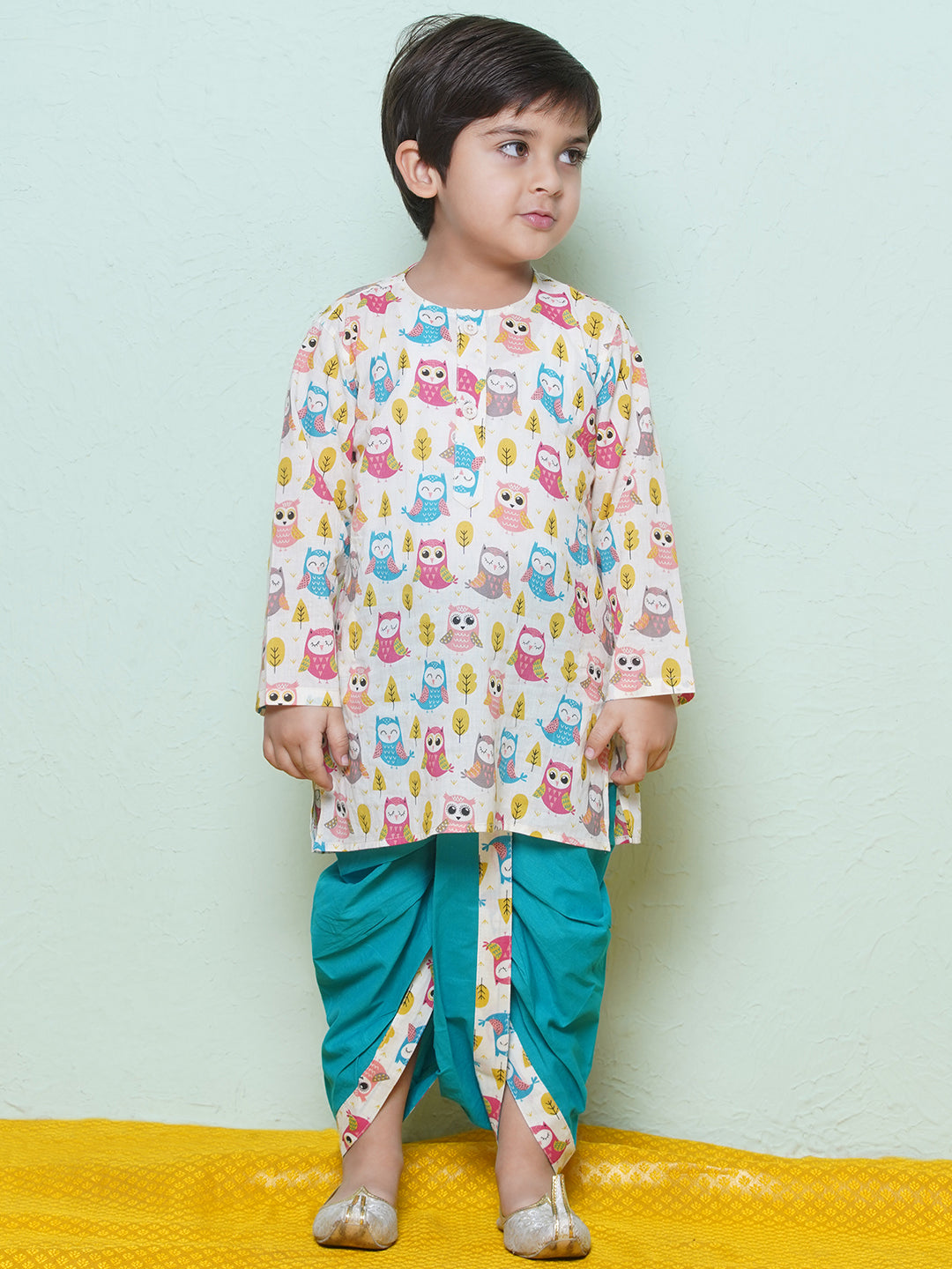 Kids Boys Teal Owl Print Cotton Dhoti Set - AJ Dezines