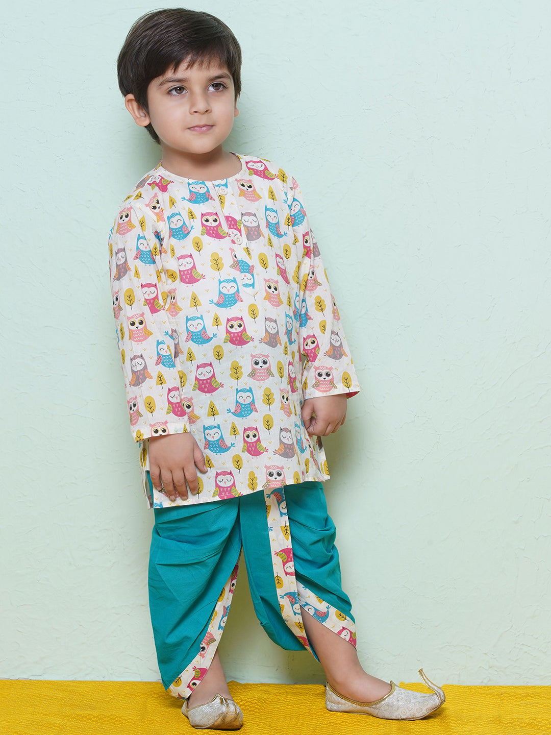 Kids Boys Teal Owl Print Cotton Dhoti Set - AJ Dezines