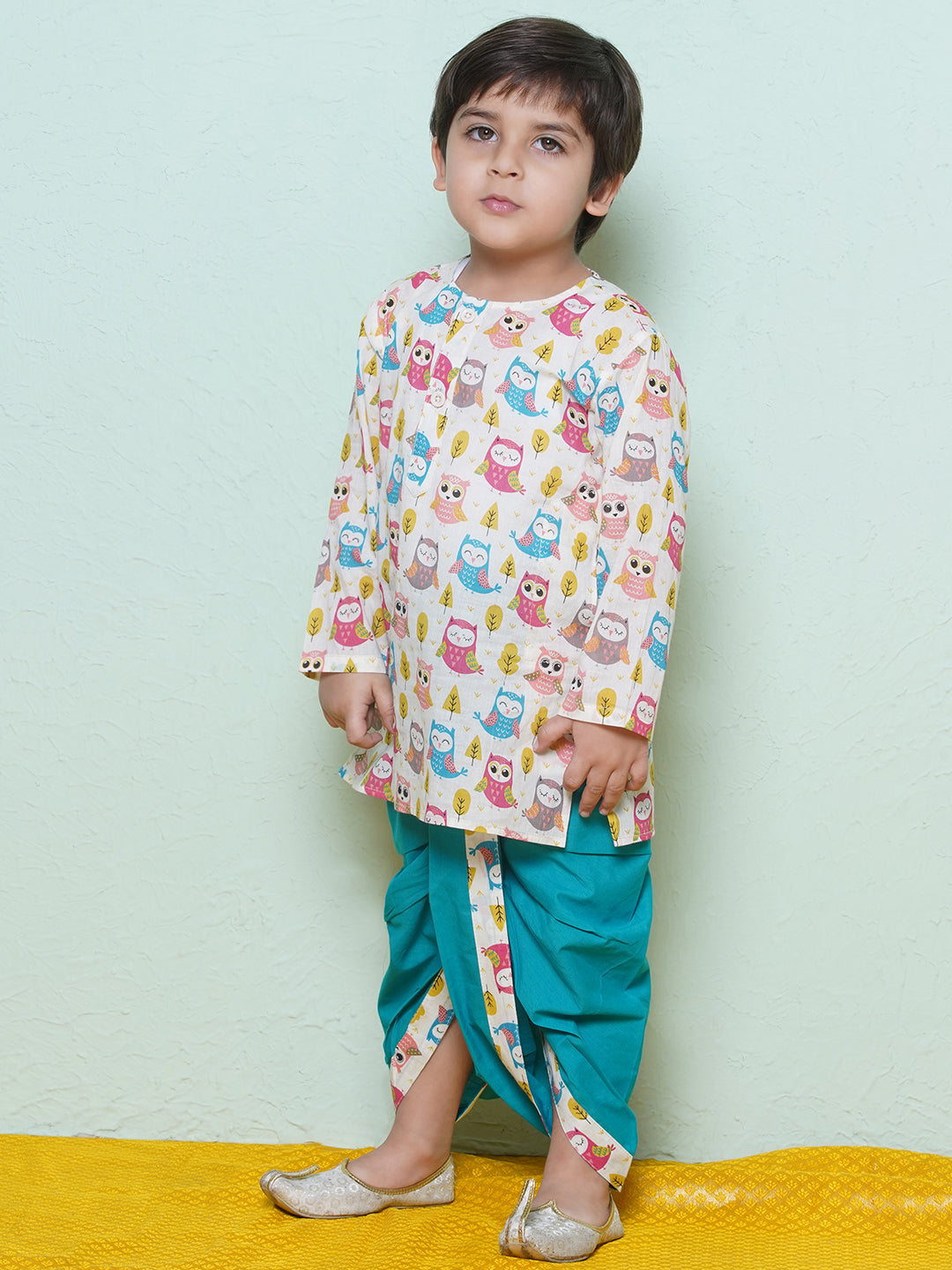 Kids Boys Teal Owl Print Cotton Dhoti Set - AJ Dezines