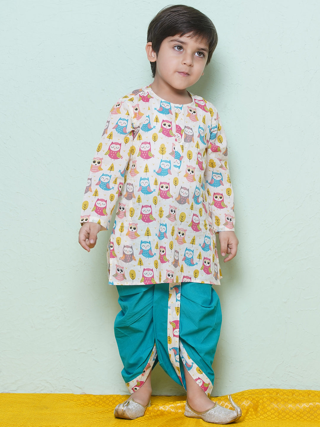 Kids Boys Teal Owl Print Cotton Dhoti Set - AJ Dezines