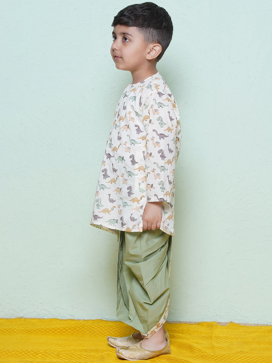Kids Boys Pista Dino Print Cotton Dhoti Set - AJ Dezines