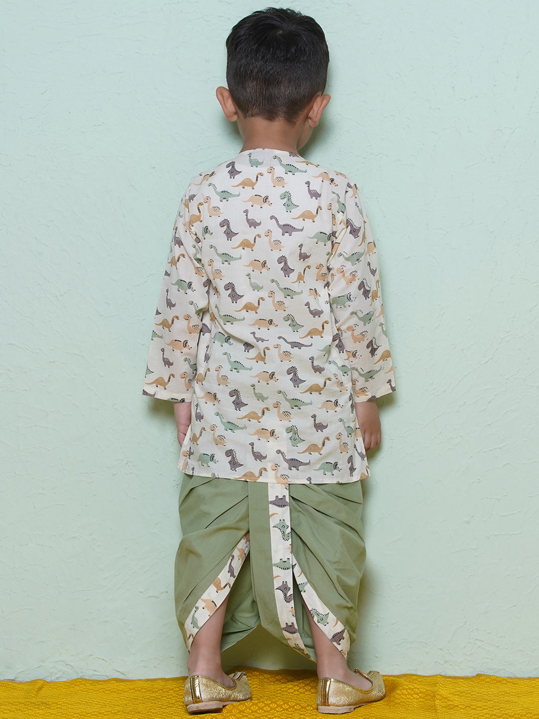 Kids Boys Pista Dino Print Cotton Dhoti Set - AJ Dezines