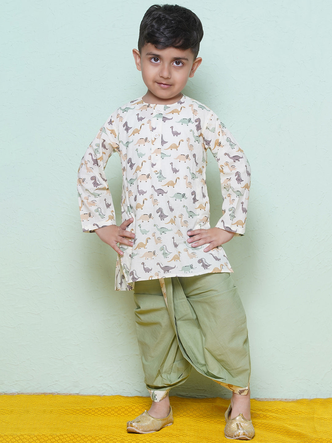 Kids Boys Pista Dino Print Cotton Dhoti Set - AJ Dezines