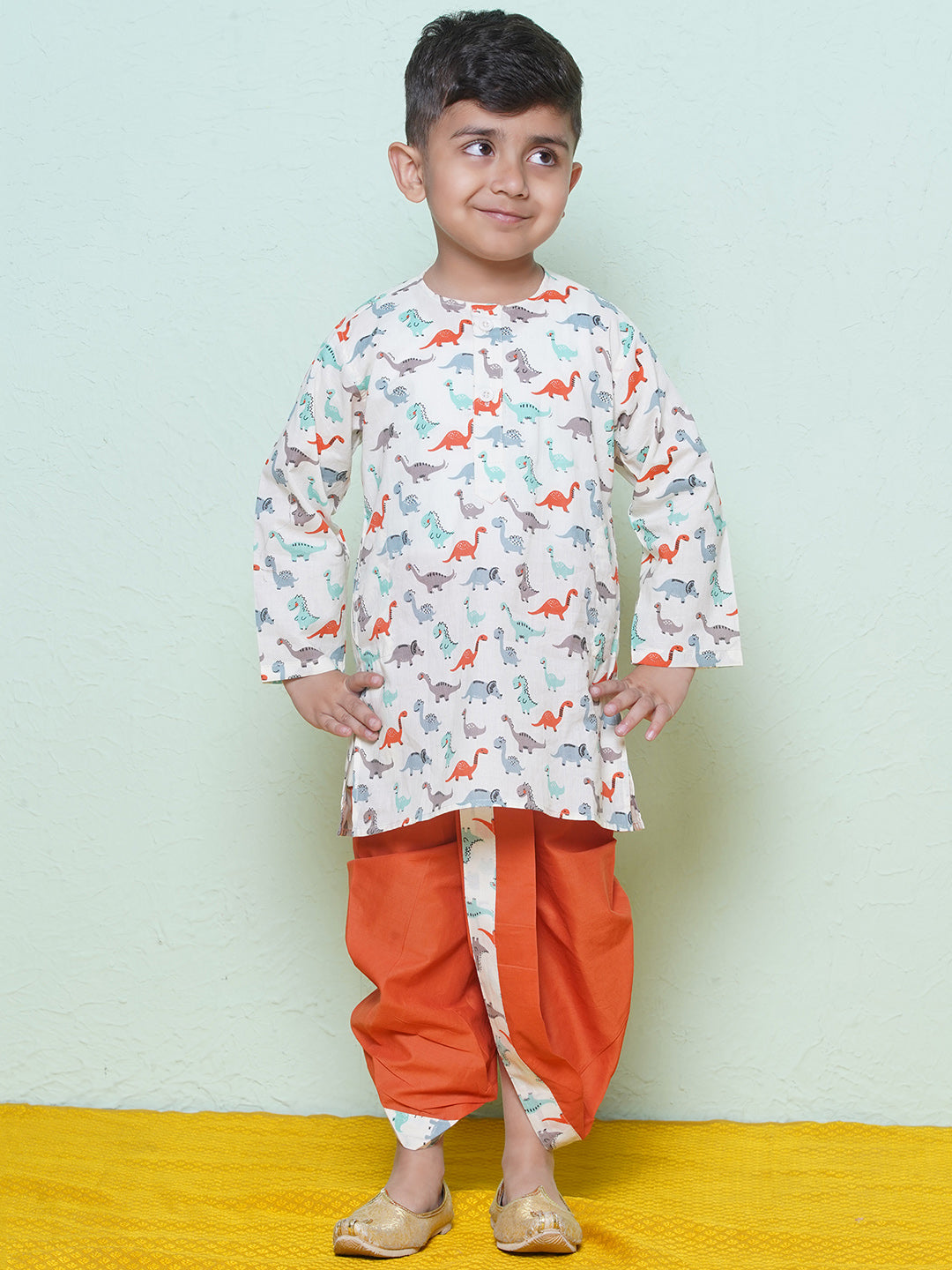 Kids Boys Rust Dino Print Cotton Dhoti Set - AJ Dezines