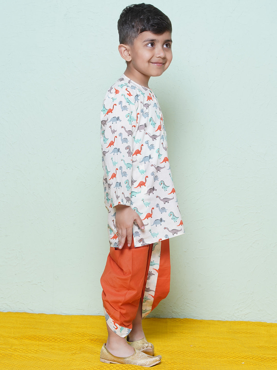 Kids Boys Rust Dino Print Cotton Dhoti Set - AJ Dezines