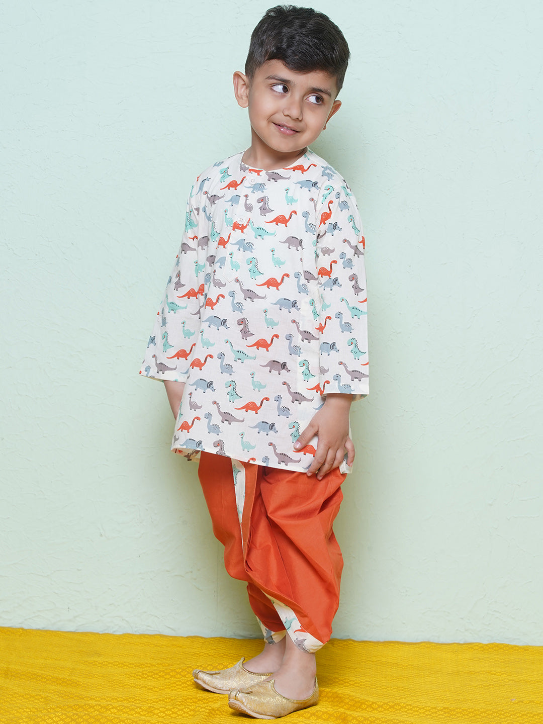 Kids Boys Rust Dino Print Cotton Dhoti Set - AJ Dezines