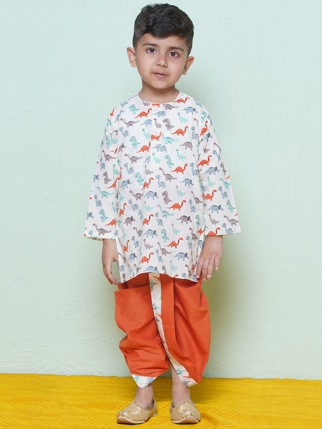 Kids Boys Rust Dino Print Cotton Dhoti Set - AJ Dezines