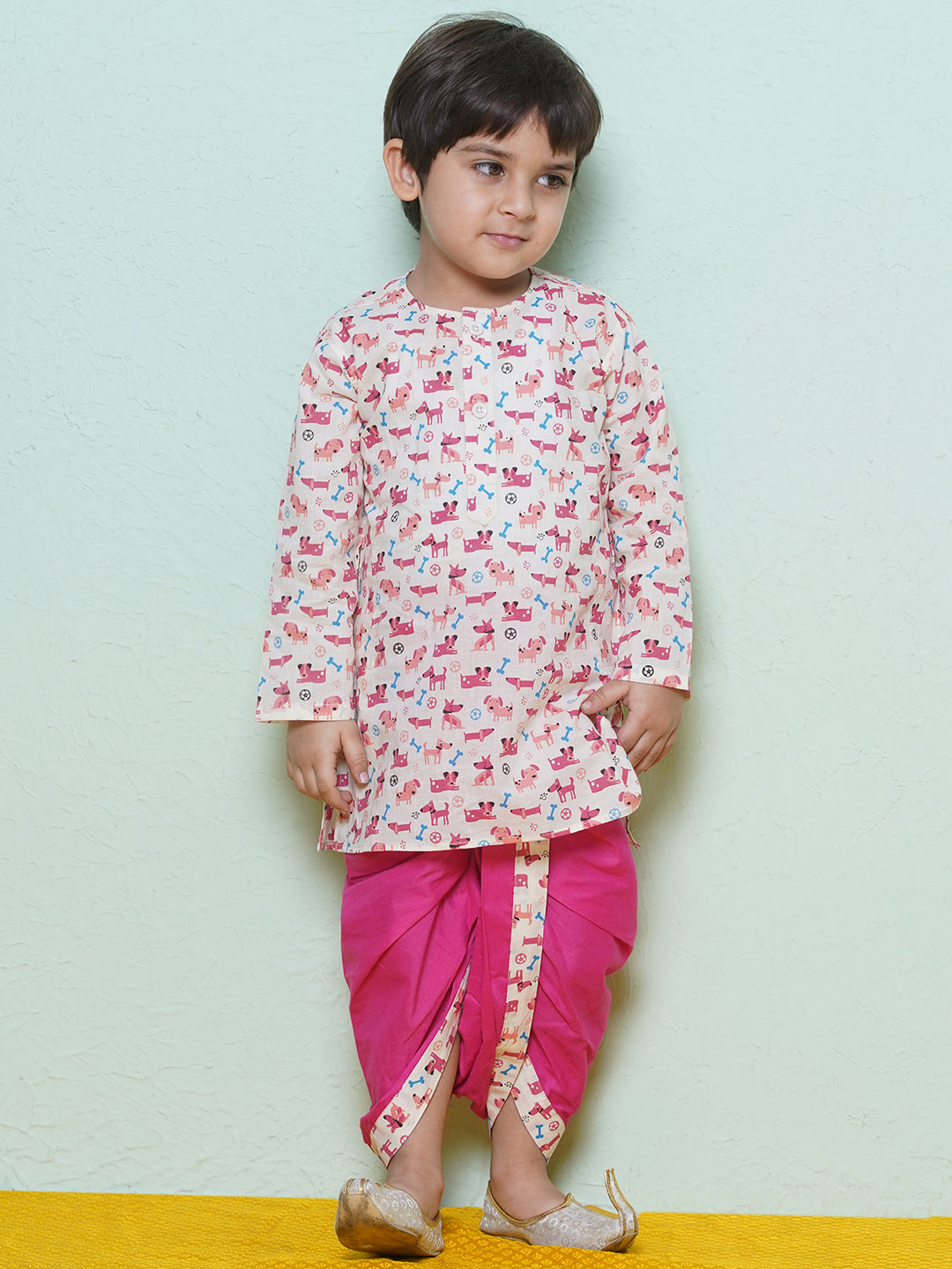 Kids Boys Pink Animal Print Cotton Dhoti Set - AJ Dezines