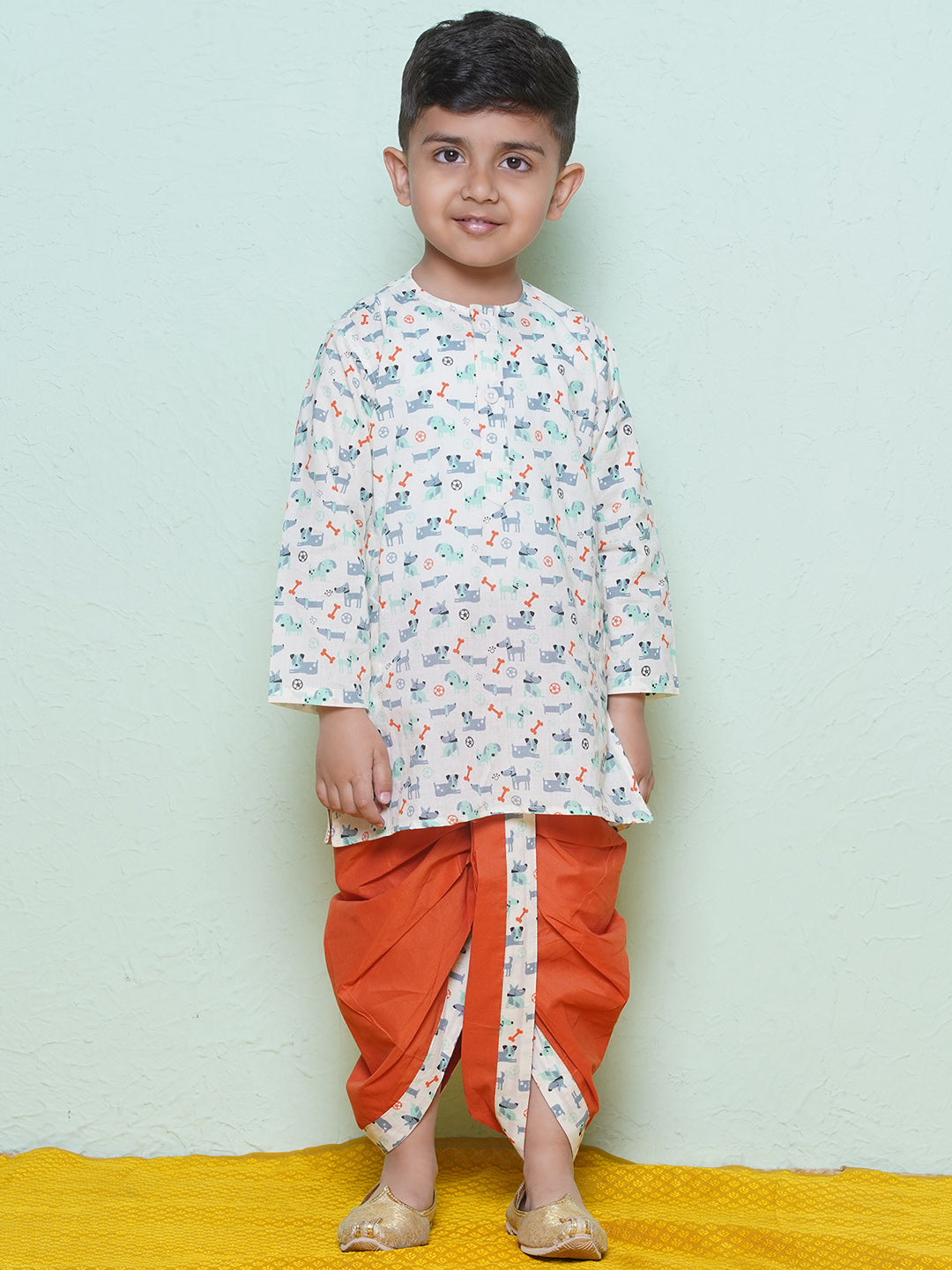 Kids Boys Rust Animal Print Cotton Dhoti Set - AJ Dezines