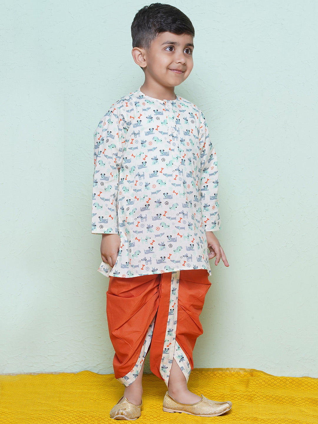 Kids Boys Rust Animal Print Cotton Dhoti Set - AJ Dezines
