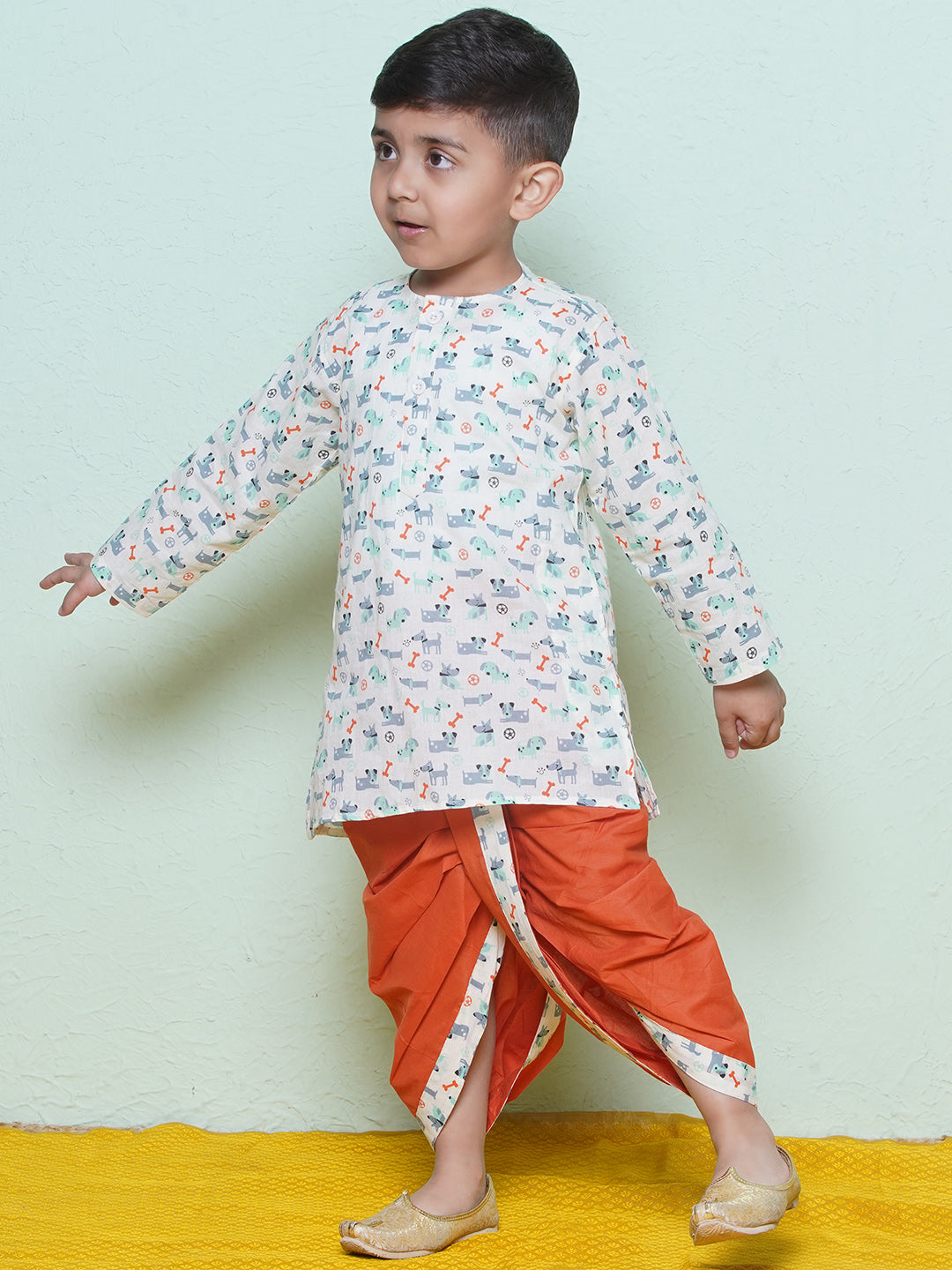 Kids Boys Rust Animal Print Cotton Dhoti Set - AJ Dezines