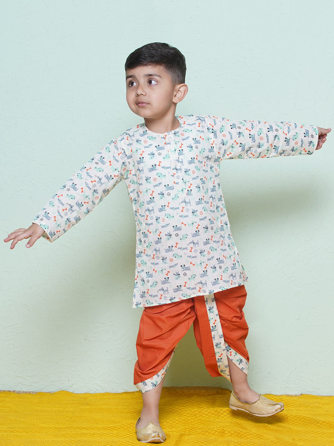 Kids Boys Rust Animal Print Cotton Dhoti Set - AJ Dezines
