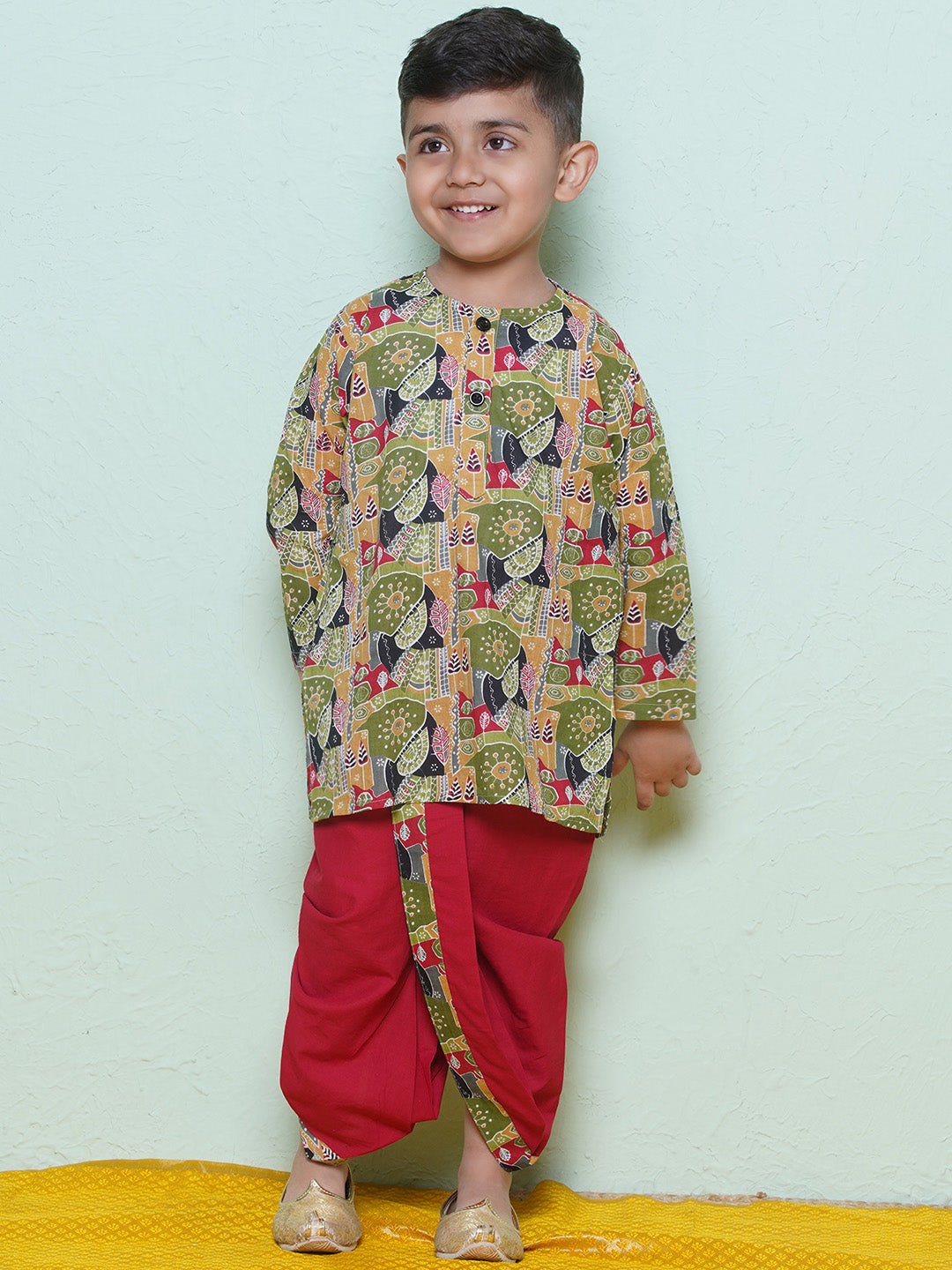 Kids Boys Red Abstract Print Cotton Dhoti Set - AJ Dezines