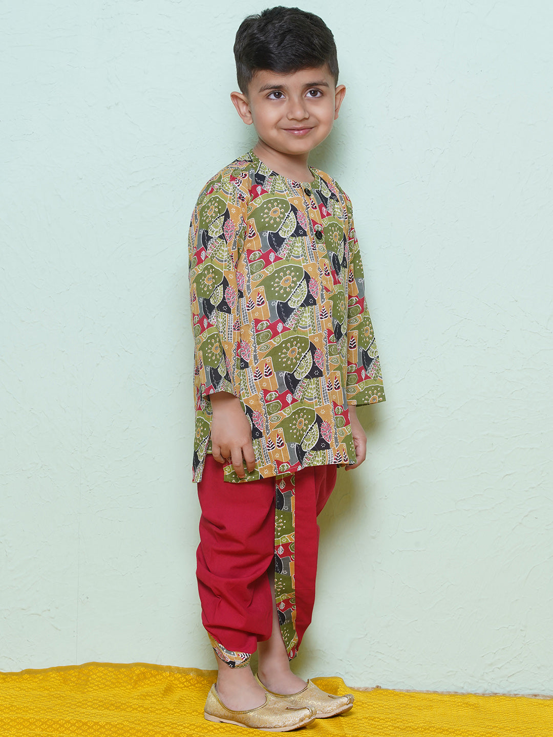Kids Boys Red Abstract Print Cotton Dhoti Set - AJ Dezines
