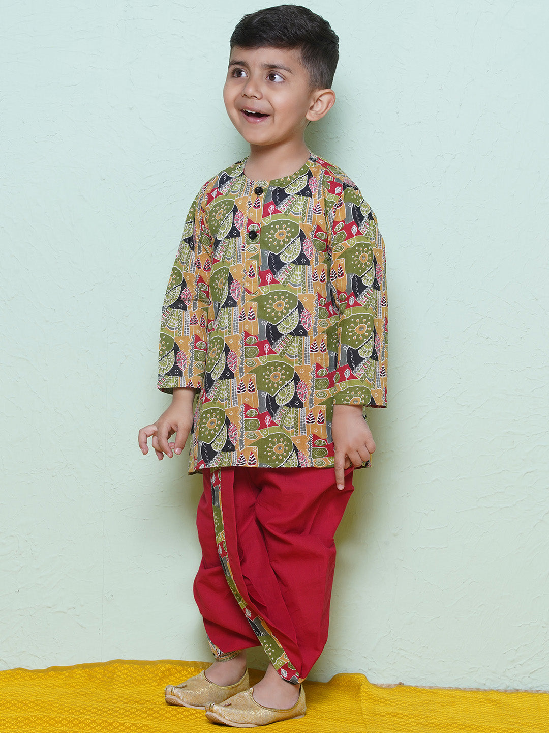 Kids Boys Red Abstract Print Cotton Dhoti Set - AJ Dezines