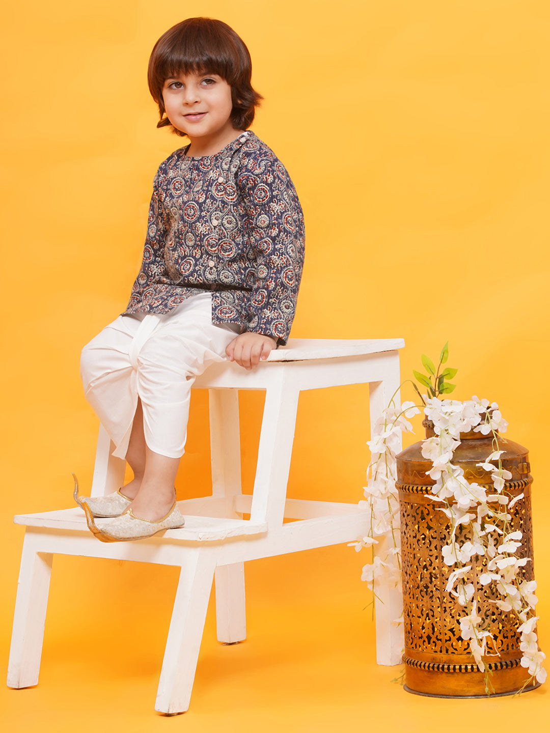 Holi Blue Pure Cotton Full sleeves Abstract Print Dhoti Set for Boys - AJ Dezines