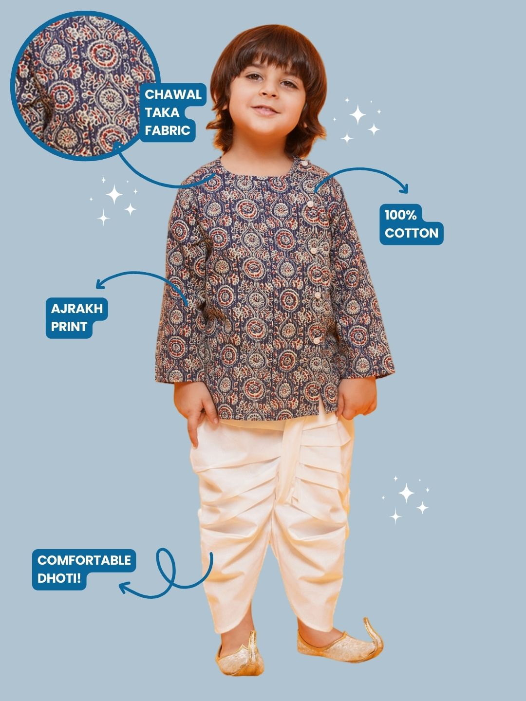 Holi Blue Pure Cotton Full sleeves Abstract Print Dhoti Set for Boys - AJ Dezines