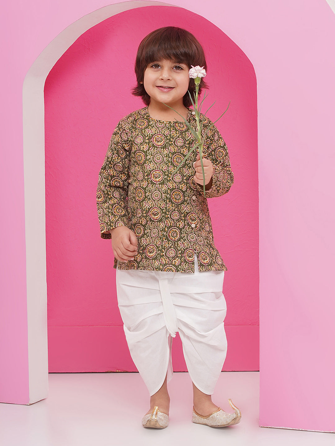 GREEN Pure Cotton Full sleeves Abstract Print Dhoti Set for Boys - AJ Dezines