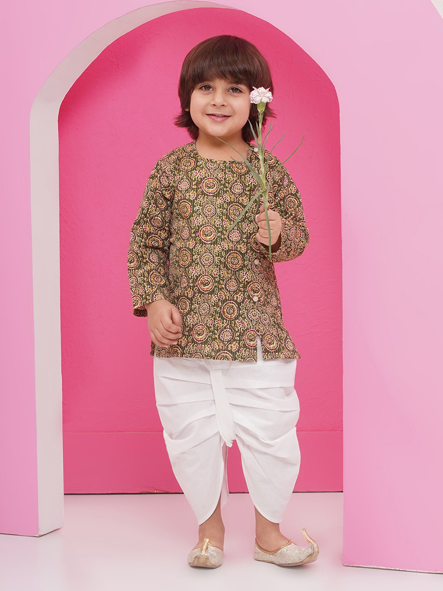 Holi Green Pure Cotton Full Sleeves Abstract Print Dhoti Set For Boys - AJ Dezines
