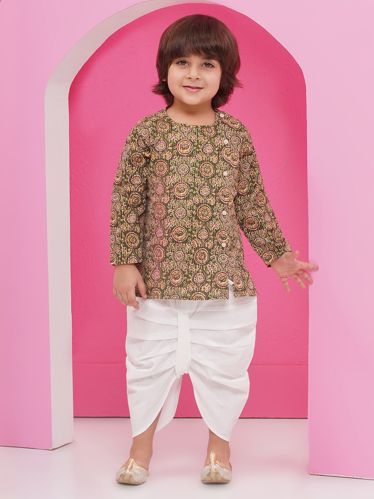 Holi Green Pure Cotton Full Sleeves Abstract Print Dhoti Set For Boys - AJ Dezines