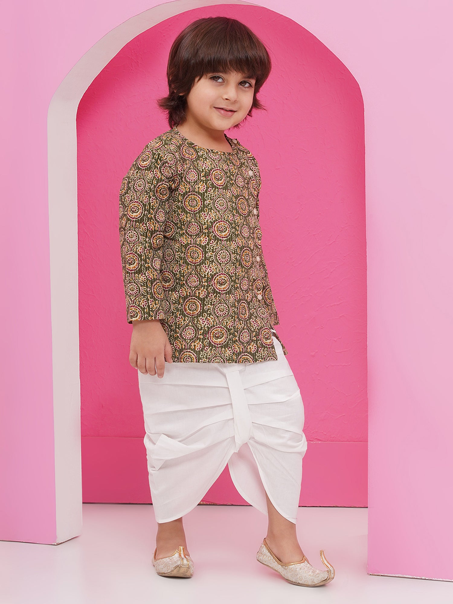 Holi Green Pure Cotton Full Sleeves Abstract Print Dhoti Set For Boys - AJ Dezines