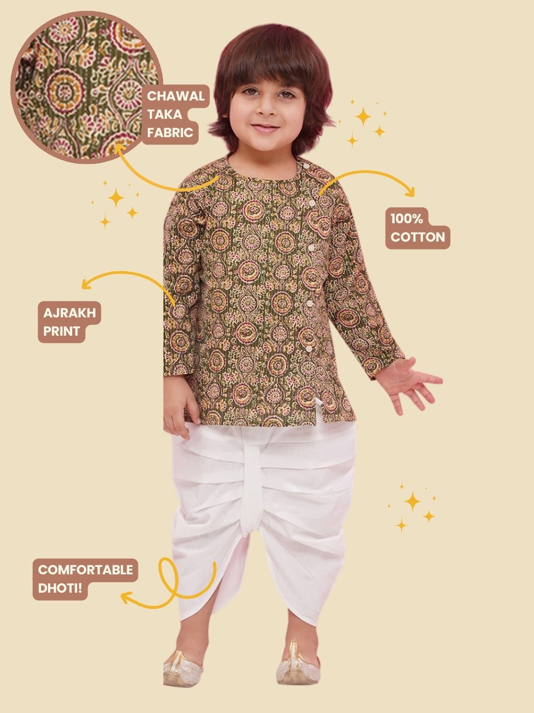 GREEN Pure Cotton Full sleeves Abstract Print Dhoti Set for Boys - AJ Dezines