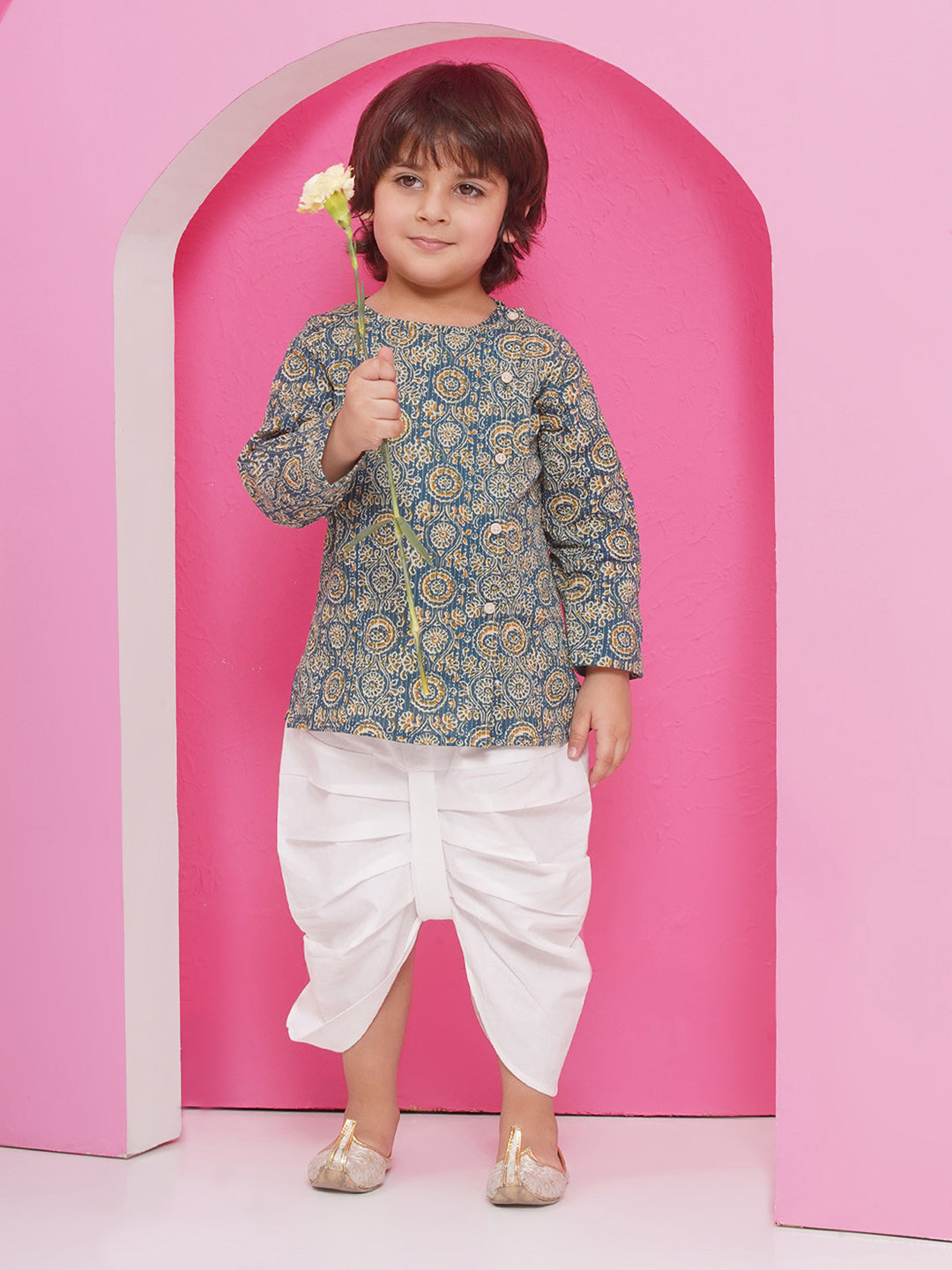Holi Turquoise Pure Cotton Full sleeves Abstract Print Dhoti Set for Boys - AJ Dezines