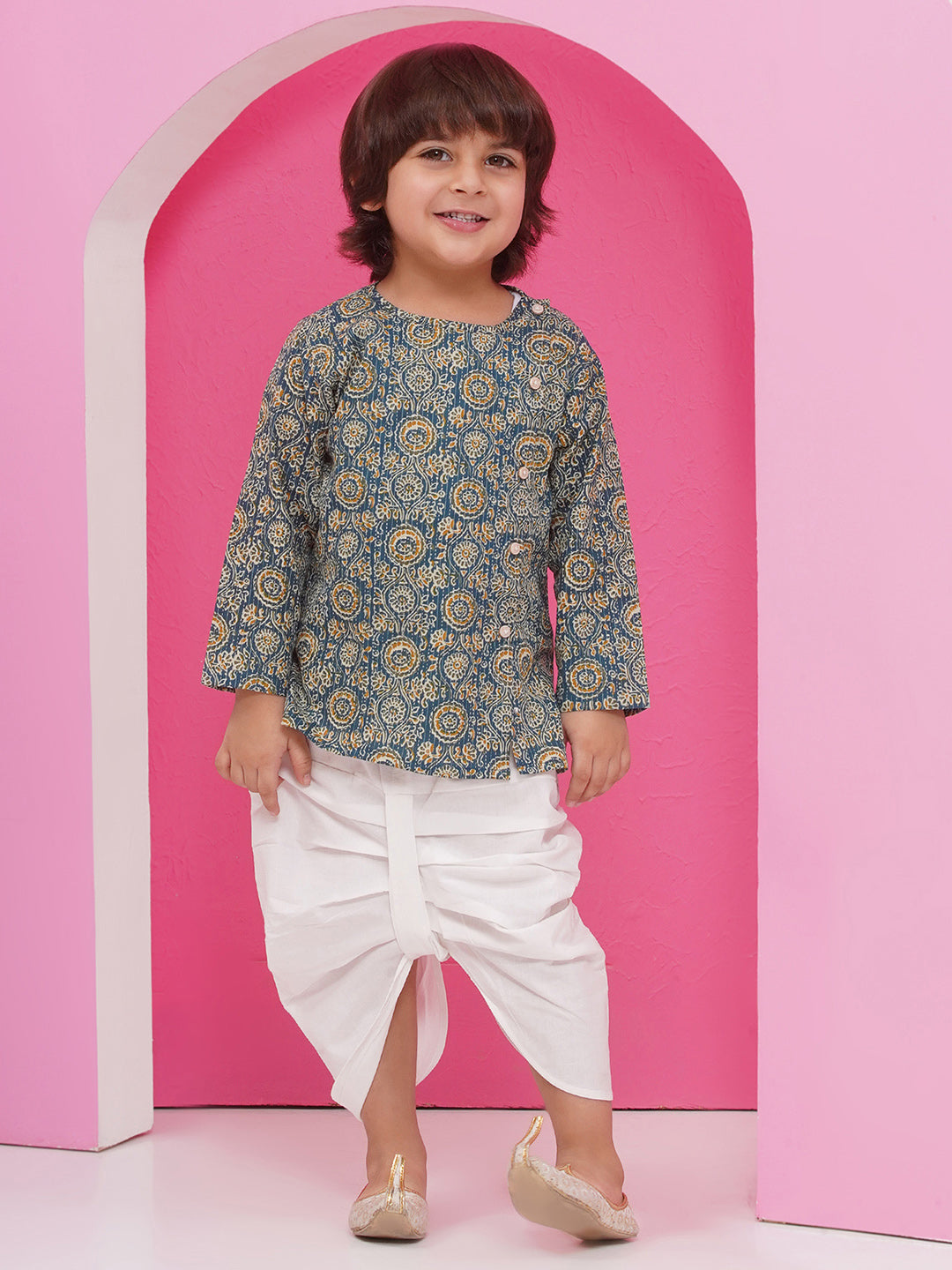 Holi Turquoise Pure Cotton Full sleeves Abstract Print Dhoti Set for Boys - AJ Dezines
