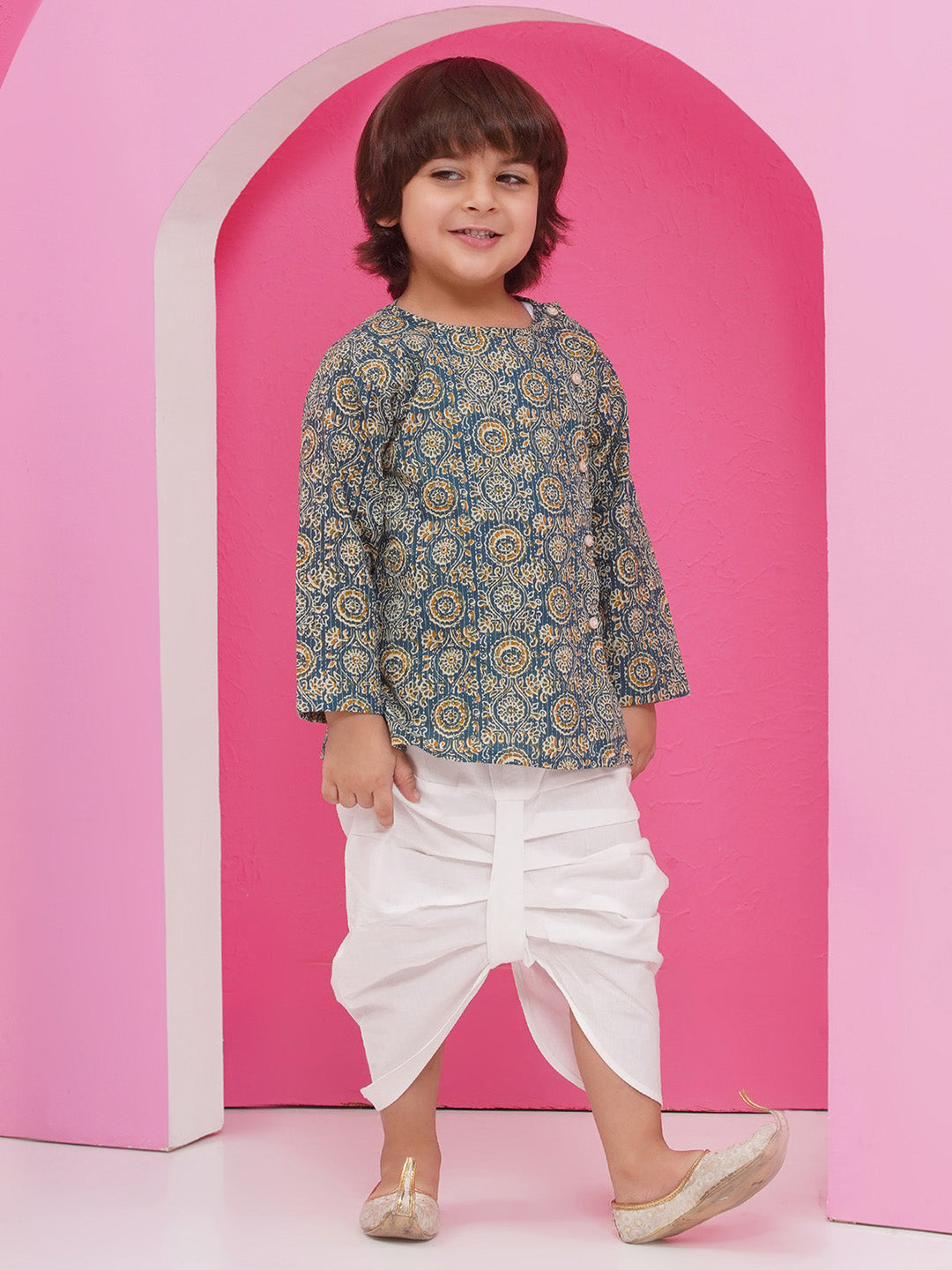 Holi Turquoise Pure Cotton Full sleeves Abstract Print Dhoti Set for Boys - AJ Dezines