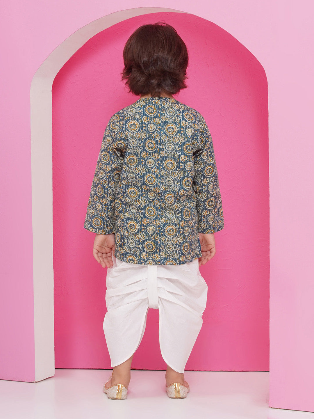 Holi Turquoise Pure Cotton Full sleeves Abstract Print Dhoti Set for Boys - AJ Dezines