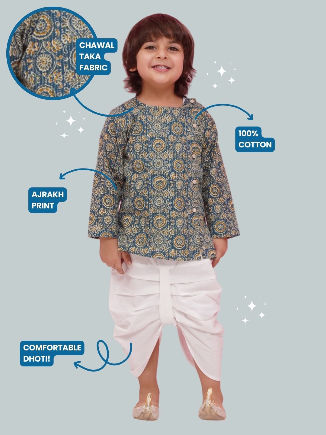 Holi Turquoise Pure Cotton Full sleeves Abstract Print Dhoti Set for Boys - AJ Dezines