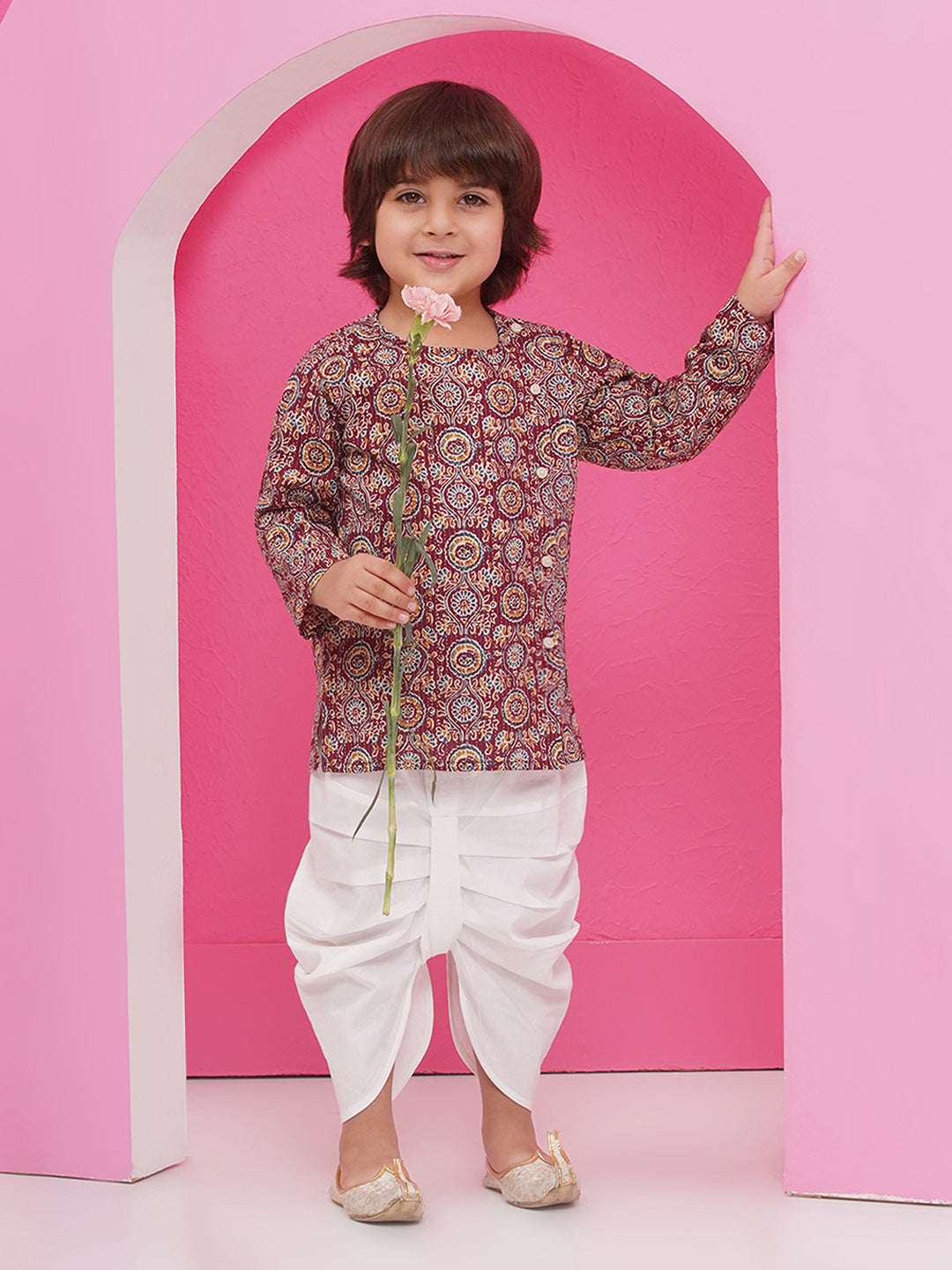 WINE Pure Cotton Full sleeves Abstract Print Dhoti Set for Boys - AJ Dezines