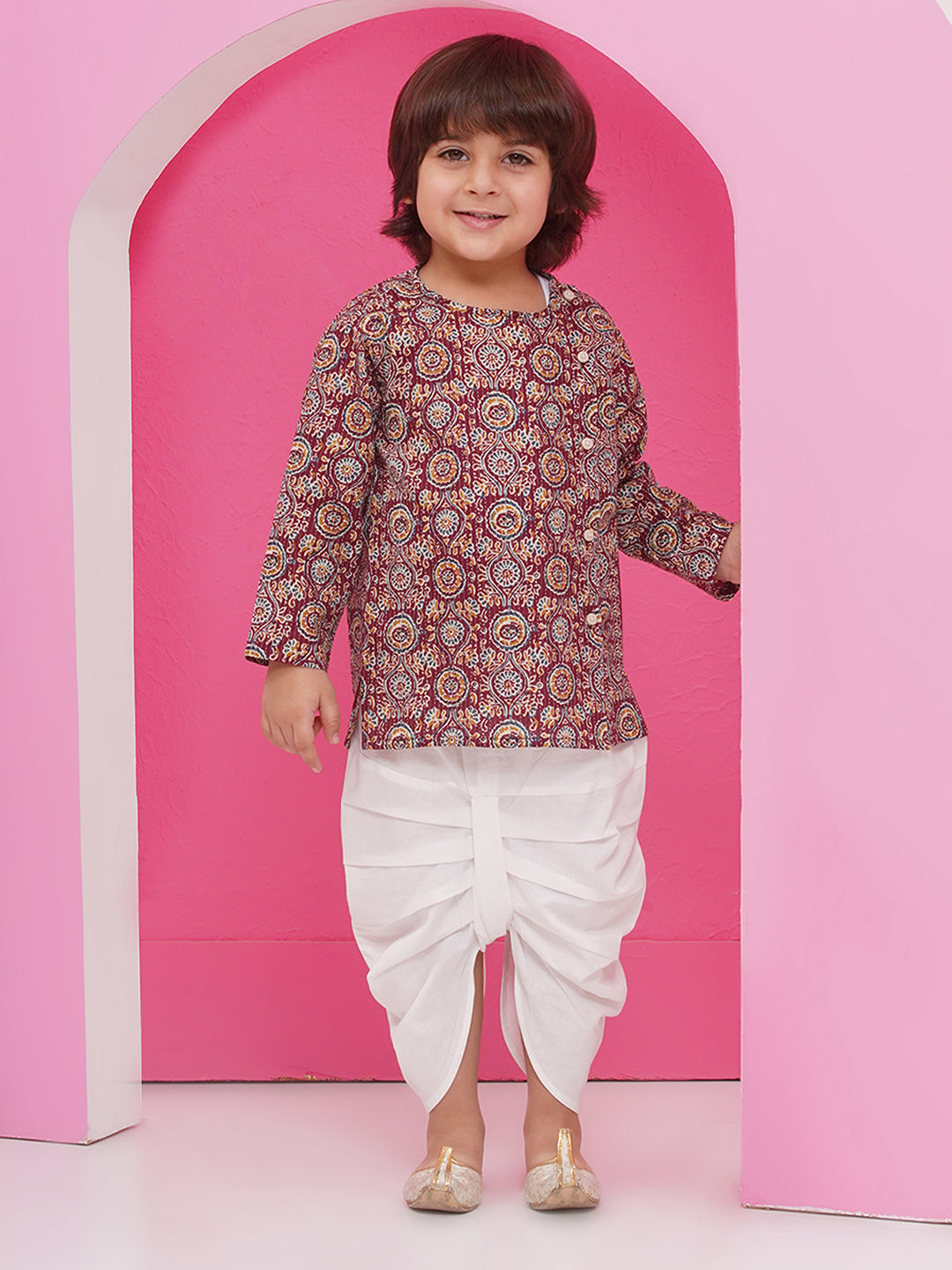 WINE Pure Cotton Full sleeves Abstract Print Dhoti Set for Boys - AJ Dezines