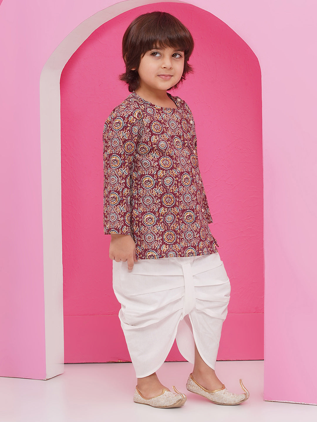WINE Pure Cotton Full sleeves Abstract Print Dhoti Set for Boys - AJ Dezines