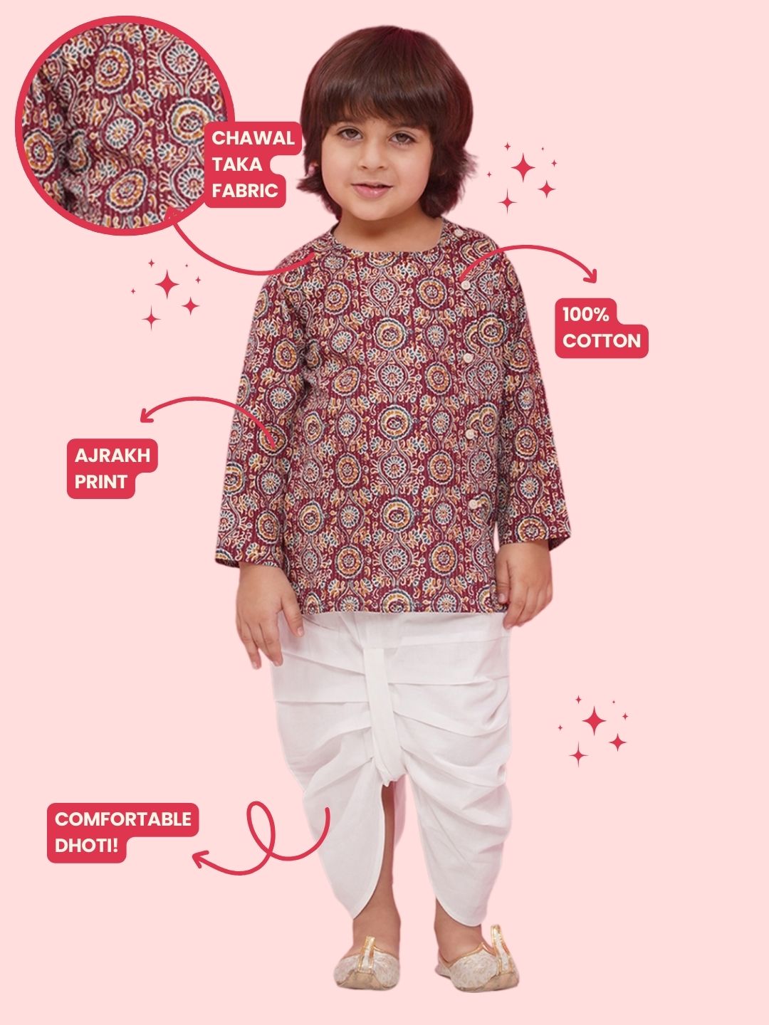WINE Pure Cotton Full sleeves Abstract Print Dhoti Set for Boys - AJ Dezines