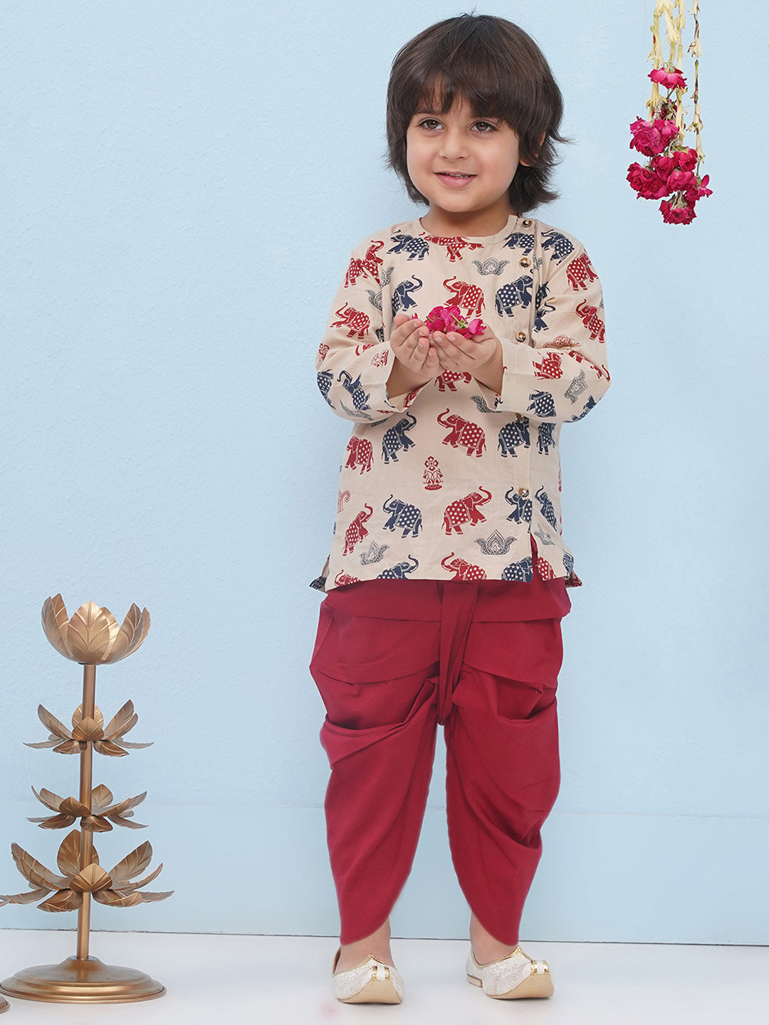 BEIGE Pure Cotton Full sleeves Elephant Print Dhoti Set for Boys - AJ Dezines