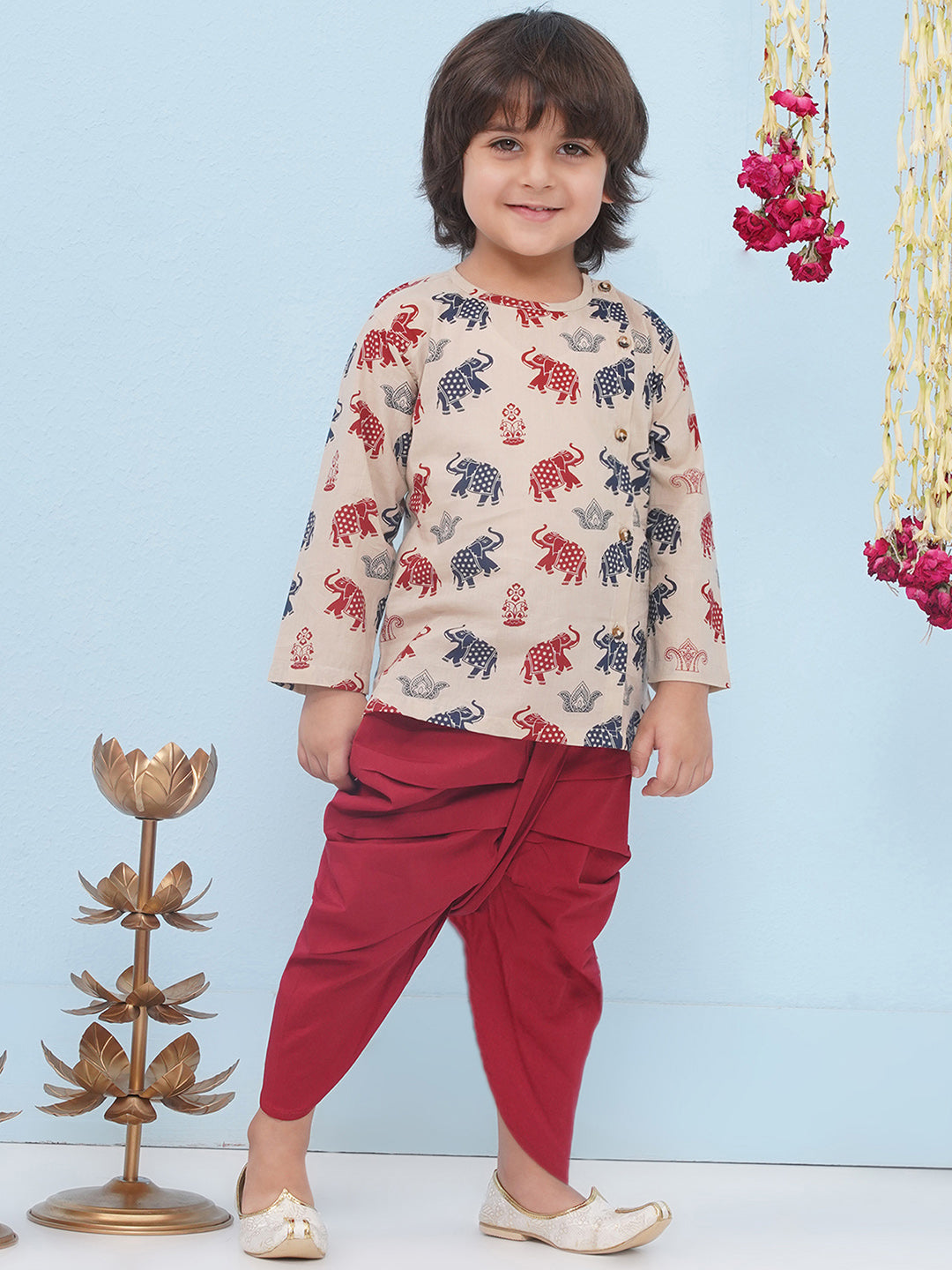 BEIGE Pure Cotton Full sleeves Elephant Print Dhoti Set for Boys - AJ Dezines