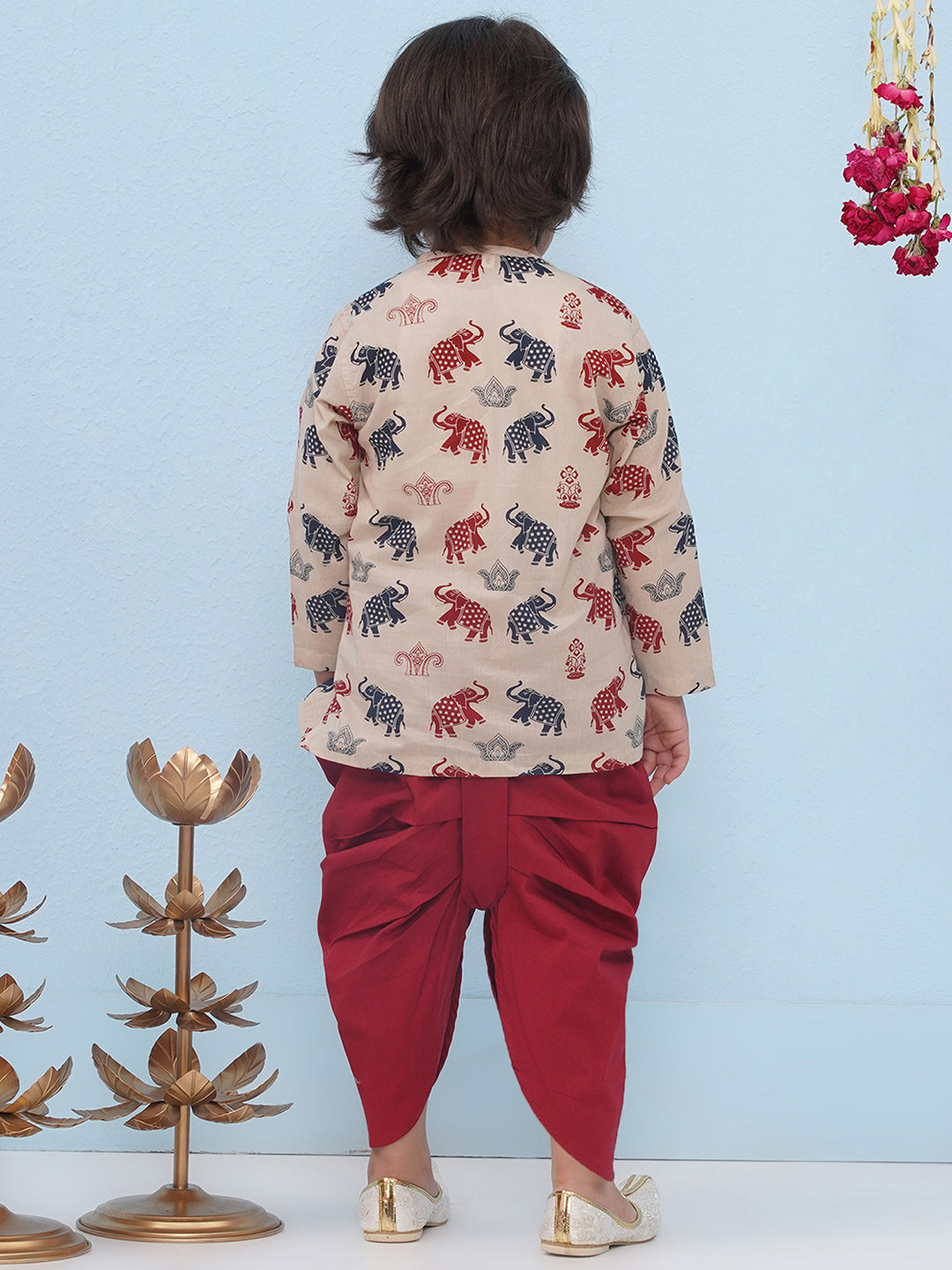 BEIGE Pure Cotton Full sleeves Elephant Print Dhoti Set for Boys - AJ Dezines