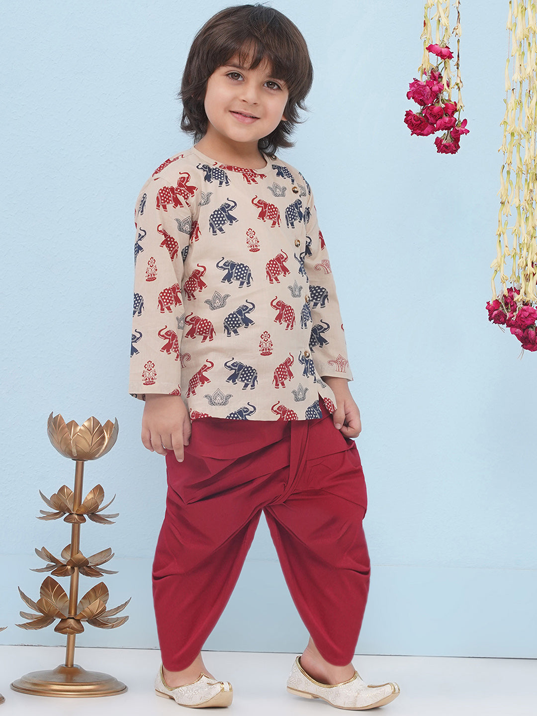 BEIGE Pure Cotton Full sleeves Elephant Print Dhoti Set for Boys - AJ Dezines