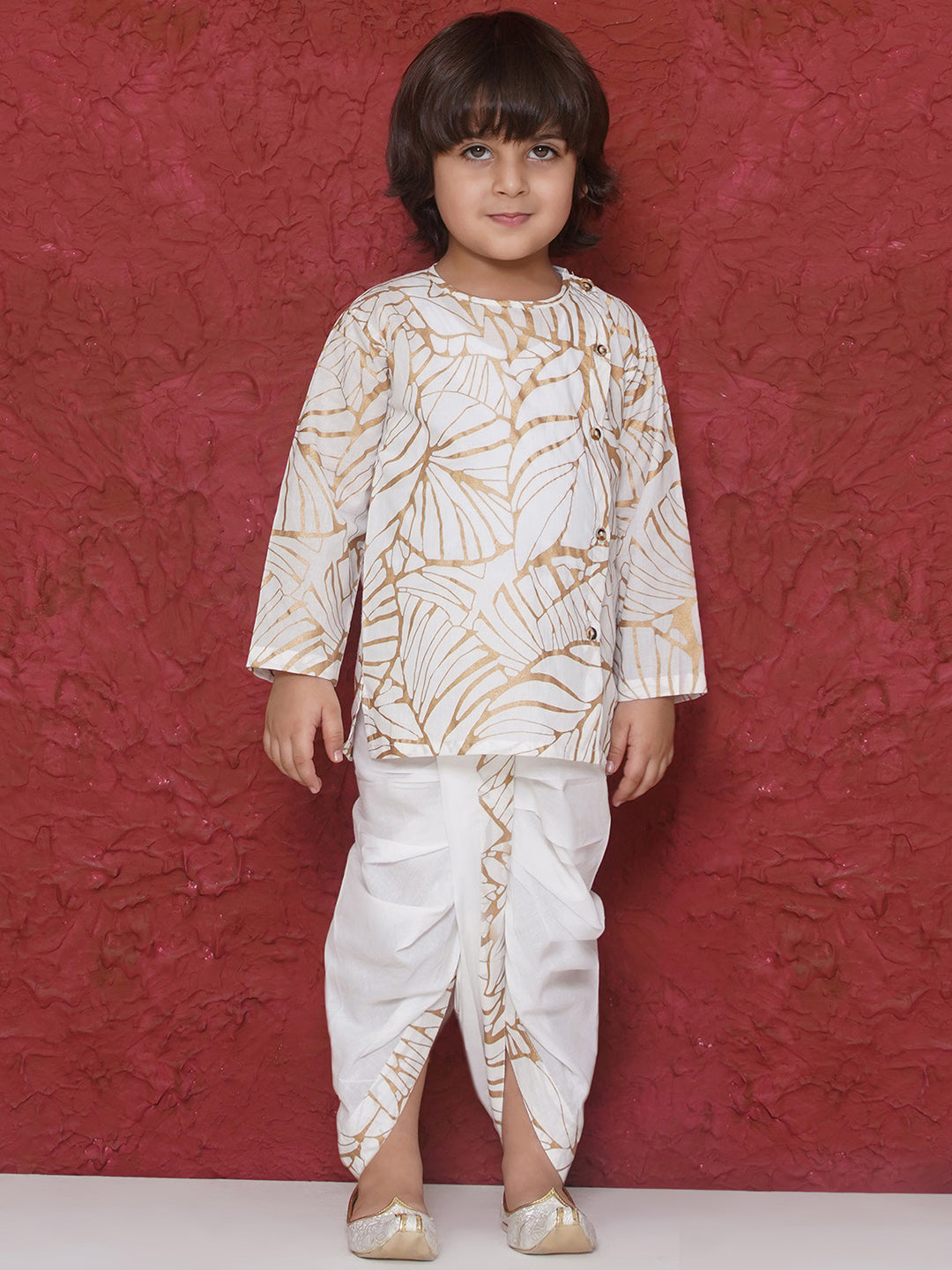 WHITE Cotton Full sleeves Golden Leaves Print Dhoti Set for Boys - AJ Dezines