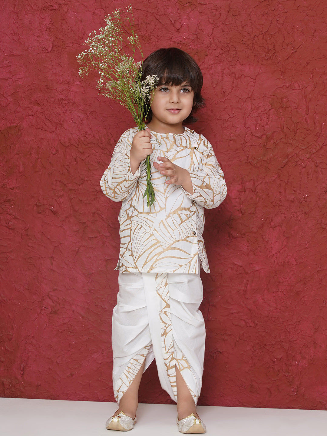 WHITE Cotton Full sleeves Golden Leaves Print Dhoti Set for Boys - AJ Dezines