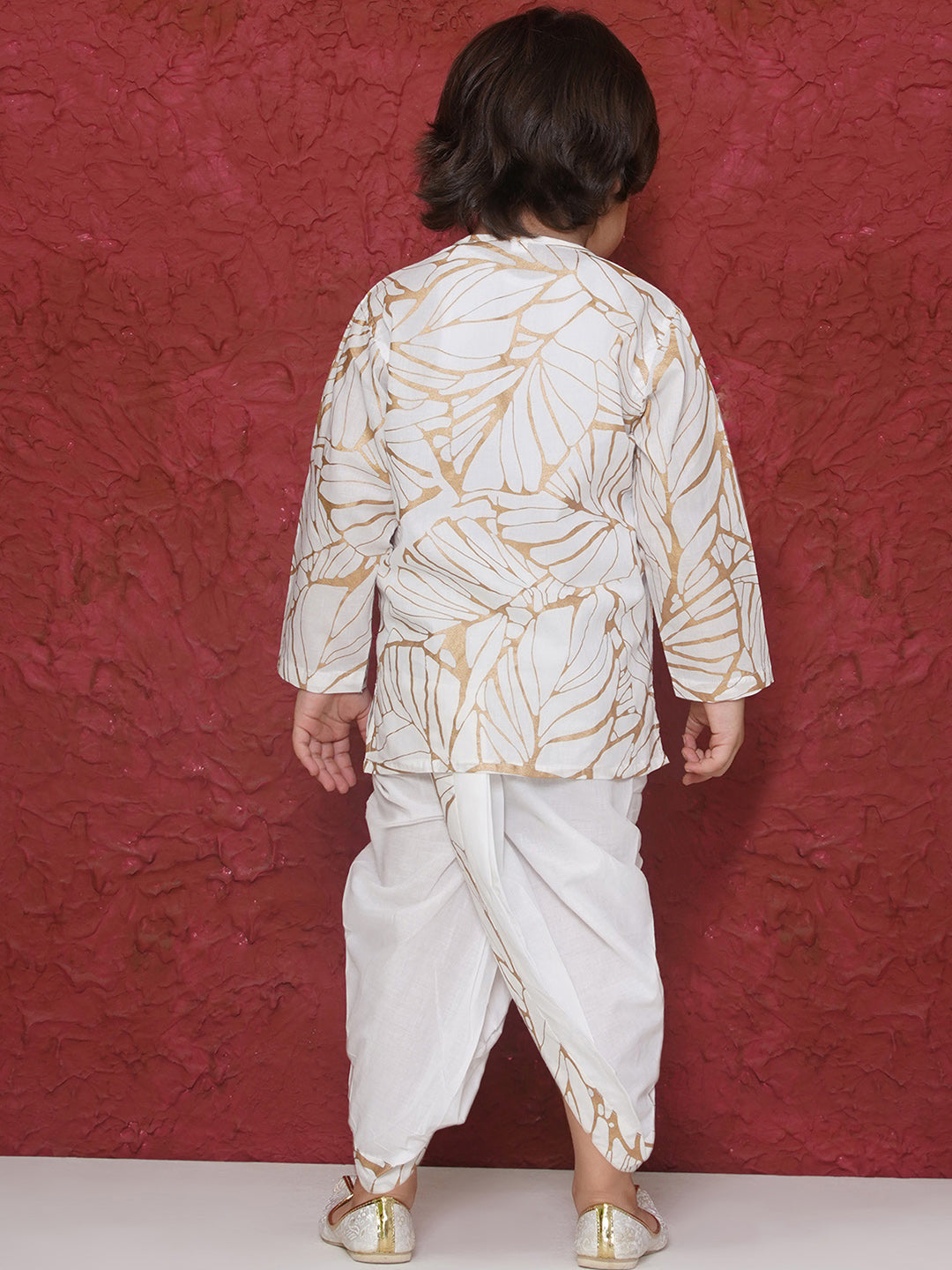 WHITE Cotton Full sleeves Golden Leaves Print Dhoti Set for Boys - AJ Dezines