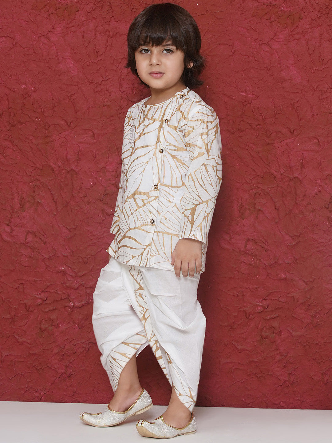 WHITE Cotton Full sleeves Golden Leaves Print Dhoti Set for Boys - AJ Dezines