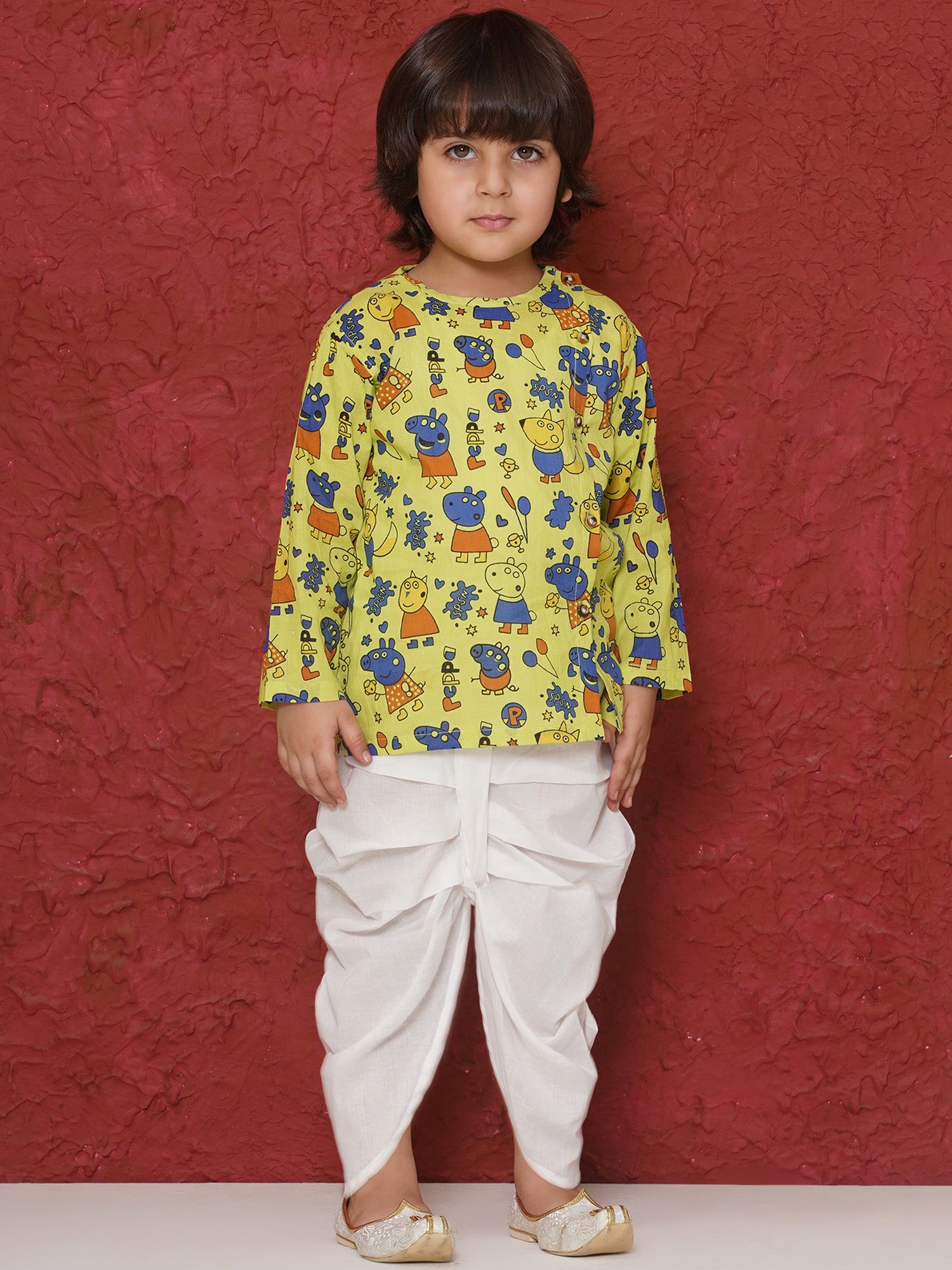 Lime Cotton Full Sleeves Pepa Cartoon Print Dhoti Set For Boys - AJ Dezines