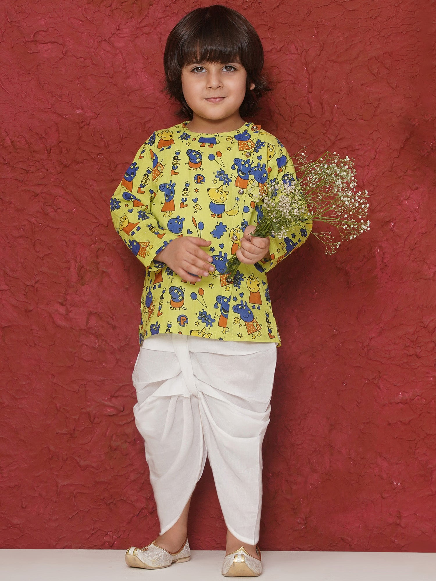 Lime Cotton Full Sleeves Pepa Cartoon Print Dhoti Set For Boys - AJ Dezines