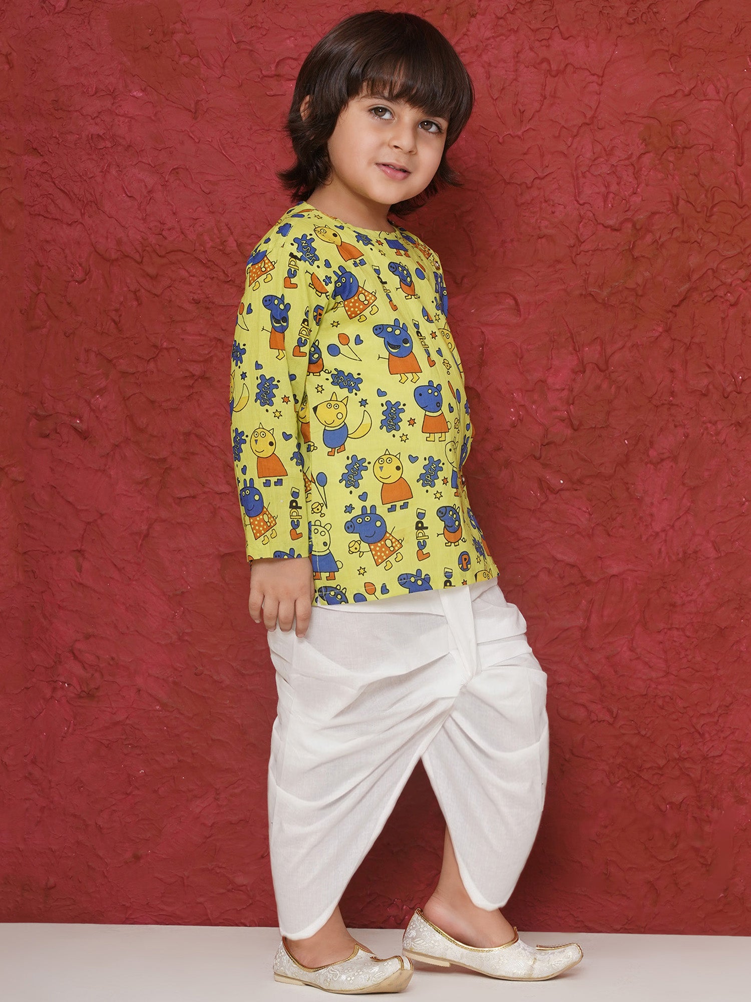 Lime Cotton Full Sleeves Pepa Cartoon Print Dhoti Set For Boys - AJ Dezines