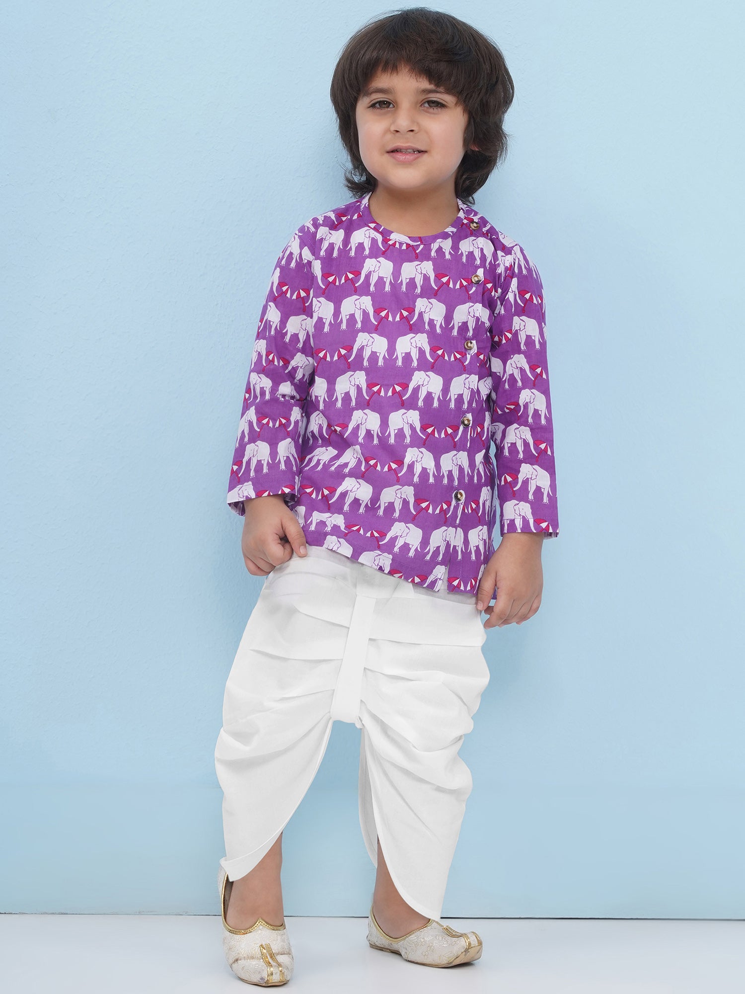 Purple Pure Cotton Full Sleeves Elephant Print Dhoti Set For Boys - AJ Dezines