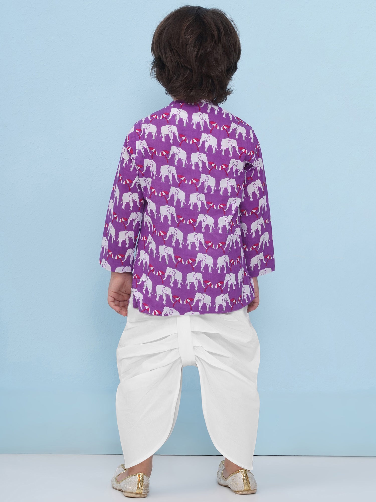 Purple Pure Cotton Full Sleeves Elephant Print Dhoti Set For Boys - AJ Dezines